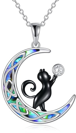 YAFEINI Svart katt månsten kedja dam 925 sterlingsilver måne katt hänge halsband svart katt smycke present för flickor, Sterlingsilver, Kubisk zirkonia