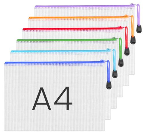 NICKLIN 6 Bolsas de Documentos A4,Bolsas Transparentes con Cremallera Plástico,Bolsas Impermeable de Malla para Archivo de Documentos,6 Colores Bolsa de Archivo de Cremallera para Suministros Oficina