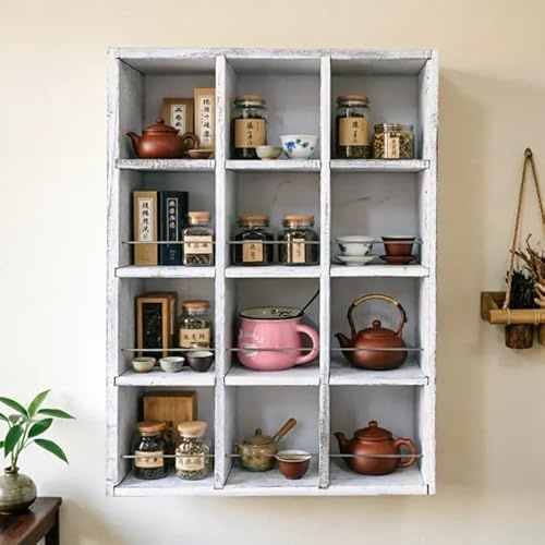YIYUESHIJIU Kaffeebecher Display Rack Holz Display Regale Becherhalter Schattenbox Regal Holz Hängende Schattenbox Schnapsgläser Vitrine mit 12 Fach (Alt Weiß)