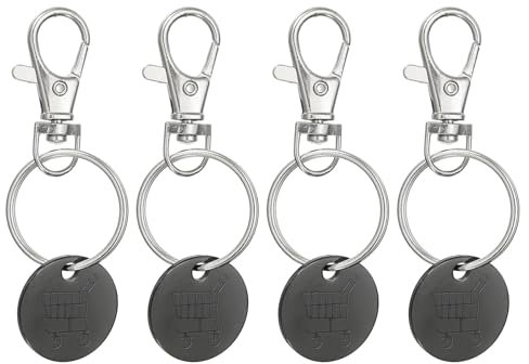 PATIKIL Shopping Trolley Token Key Ring, 4 Pack Stainless Steel Grocery Cart Remover Coin Keychain Unlock Release Key for Meters, Change, Black