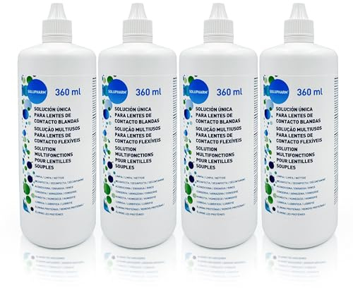 Solupharm - Solución Única para Lentes de Contacto, Pack de 4 x 360 ml - Incluye 2 Portalentes - Liquido lentillas - Limpieza profunda, desinfección y conservación. Mantiene las lentes hidratadas