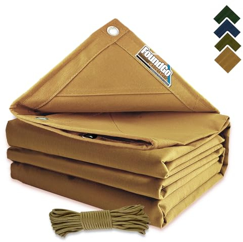 FoundGo Canvas Tarp 1x2m, 0.55mm/22 mil Canvas Tarpaulin Heavy Duty Water Resistant with Reinforced Grommets, Yellow Tarpaulin Cloth Covers for Car, Roof, Boat, Camp, Canopy with Ropes