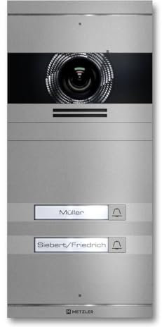 Metzler VDM10 2.0 Video Sprechanlage mit Türöffner (Stromversorgung) & Namensschild - Anschluss 2-Draht - Türsprechanlage mit HD-Kamera, für 2 Familienhaus, in Grau aus V2A Edelstahl