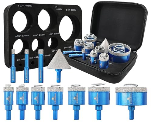 BRSCHNITT Ensemble de forets diamantés pour carrelage – 6/8/10/20/25/28/32/35/45/65 mm – Kit de scie-cloche pour céramique, granit, marbre