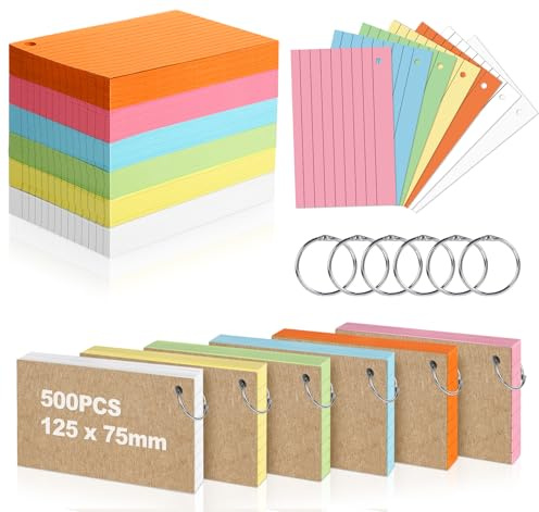 NOTEZMATE Flash Cards 500 PCS,127 x 76mm Index Cards Revision,Ruled Record Cards Lined Flashcards with Metal Binder Ring,6 Colours Cue Kraft Paper Notecards for Study Office School Learning Memo