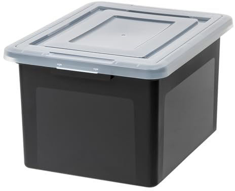 Iris Ohyama - Kunststoff-Aufbewahrungsboxen mit Deckel, 45L, 4er-Pack, Schwarz, mit Schnappverschluss, stapelbar, robust, BPA-frei, für Büromaterial, Handtücher & Bücher, FB-21E