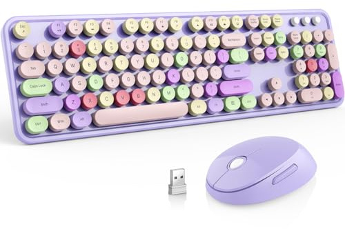 Wireless Keyboard and Mouse Combo, MOFII Full-Size Retro Round Keyboard and Mouse, 2.4 GHz Wireless, Plug and Play, 8 Multimedia & Shortcut Keysfor Mac, Windows, Laptop/Desktop/PC (Purple)