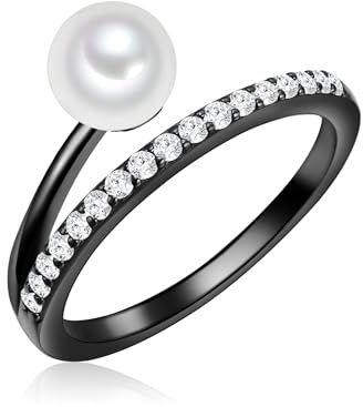 Valero Pearls Damen Ring aus 925/- Sterling Silber Schwarz rhodiniert mit Süßwasser-Zuchtperle weiß 6,0-7,0 mm/Zirkonia