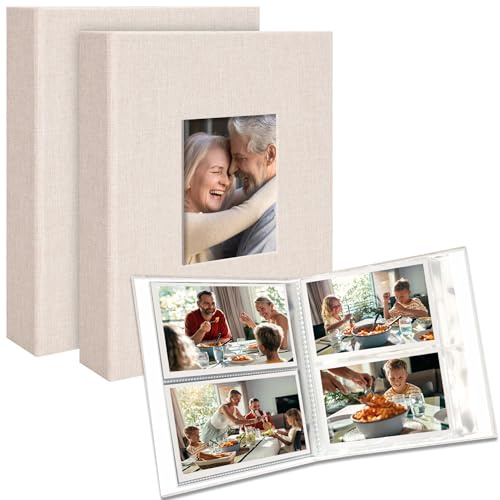 Remowith Photo Album 6 x 4,Slip-in Picture Albums,Linen Hardcover Picture Albums for Family Anniversary Baby Wedding 200 Pockets 2 Pack Beige