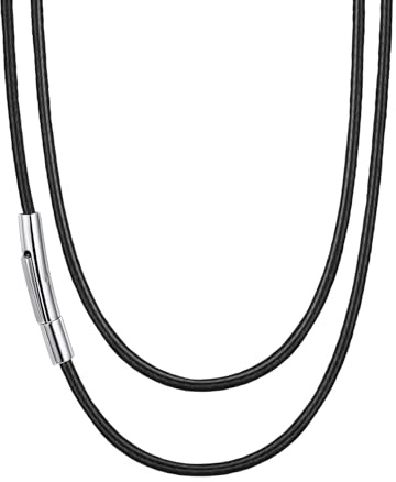 Suplight Black Leather Necklace Cord for Men Women, Width 2mm/3mm, 16-30 Long, Waterproof Stainless Steel Clasp for Jewellery Making, Custom Name Available, with Gift Packaging