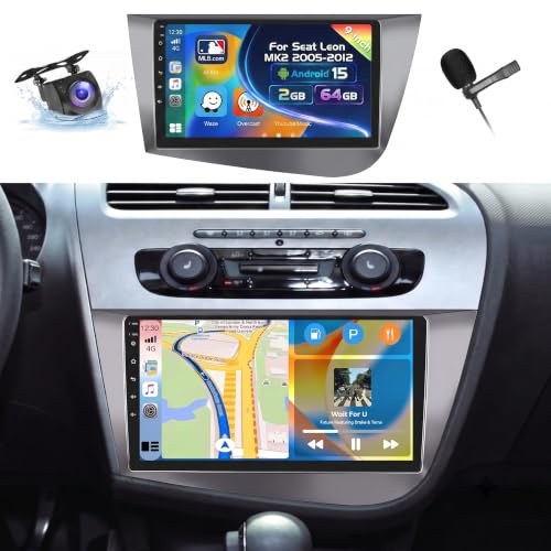 Inefala 2G+64G Autoradio Android 15 para Seat Leon MK2 2005-2012 | Pantalla Táctil de 9, Wireless CarPlay, Android Auto, GPS, WiFi, BT, RDS/FM, SWC, MIC, Cámara Trasera