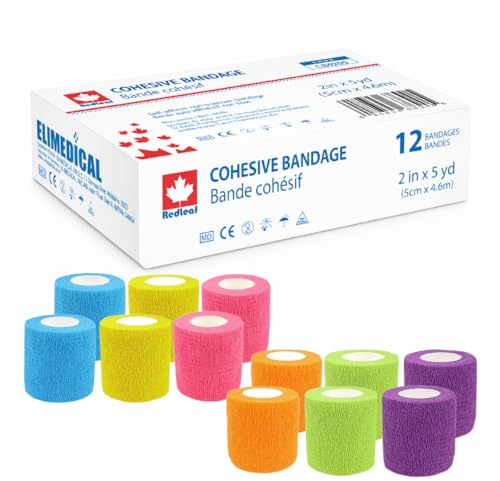 REDLEAF Bandage adhésif, Non stérile, Bandage auto - adhésif (5cm x 4.6m, 12 rouleaux)