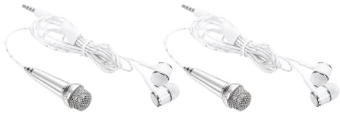 sourcing map Lot de 2 mini microphones portables avec écouteurs pour chant, enregistrement vocal, vidéo, pour téléphone, ordinateur, ordinateur portable, argent