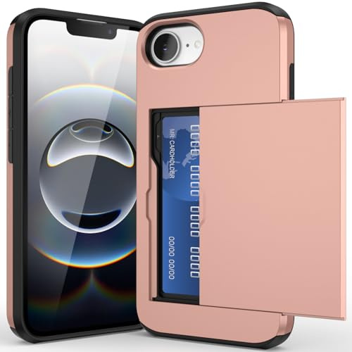 ACOCOBUY for iPhone 17e/16e Case with Card Holder Sliding Cover Rose Gold | Hidden Pocket IDs Credit Cards Slot Heavy Duty Shockproof Protective Dual Layer Wallet Phone Cover Back Shell for Men Women
