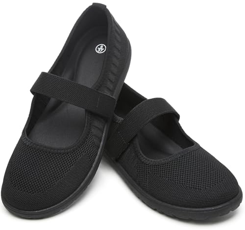 Waluzs Wide Toe Box Flats Shoes Women Knit Ballet Flats Mary Jane Dress Flat Wide Width Walking Shoes Slip-on with Strap (Black,US9)