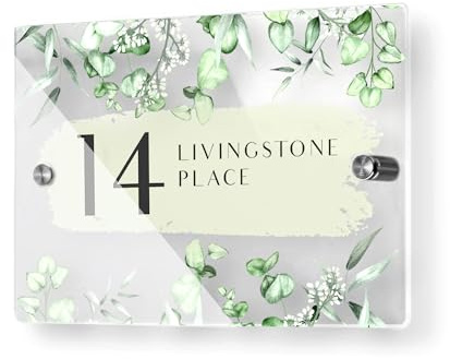 Personalised House Number Plaque Eucalyptus Design Modern Address House Sign with Hidden Fixings 210mm x 148mm House Number Printed Address Signage Floral Plaque