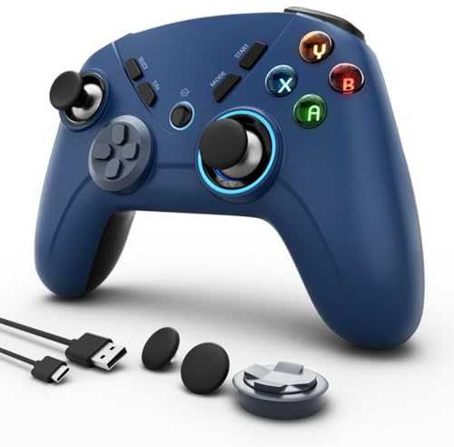 PC Joystick, Wireless Game Controller mit Double Vibration, 4 Programmierbare Tasten, Turbo, 6-Achsen, LED Beleuchtung, Gamepad für Windows/Switch/Steam/MacOS/Android/iOS/Smart TV/Tablet(Blau)