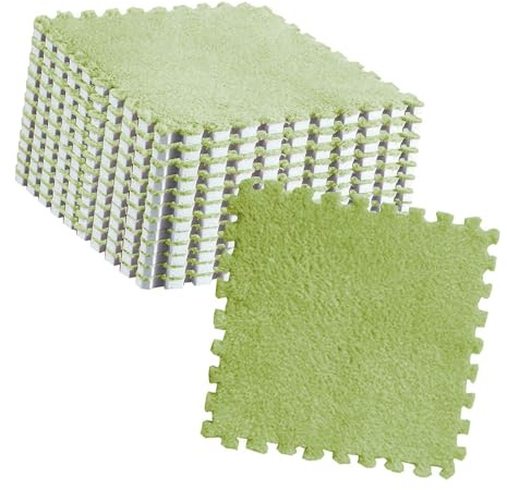 Qudinip Plush Puzzle Floor Foam Mat Tiles, 10pcs Interlocking Foam Tiles Plush Carpet Tiles Soft Non Slip Cuttable for Kids Room with Easy Wash Mosaic Design (Fluorescent Green)