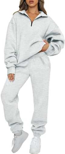 JFAN Conjunto Chandal Mujer 2 Piezas Traje Top Manga Larga con Media Cremallera Conjunto Chandal Pantalones Deportivos Casuales Sudadera Gris S