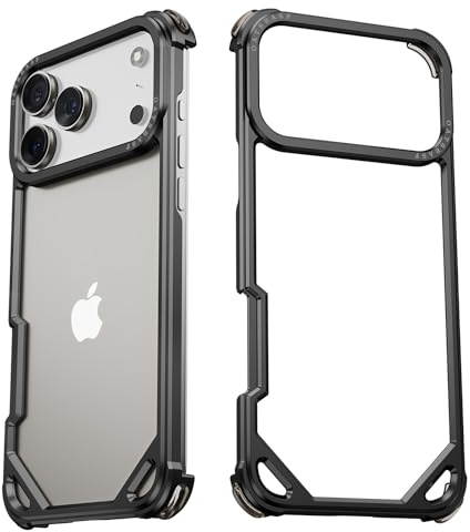 NIFBANG for iPhone 17 Pro Max Phone Case,Aluminum Thin Slim No Back Cases Compatible with MagSafe,Metal Frameless 4 Corner Airbags Shockproof Protective Bumper Cover for iPhone 17 Promax(Black)