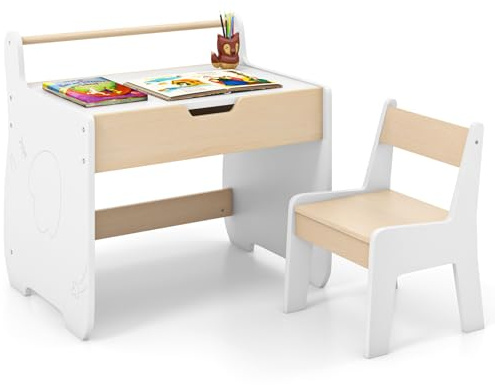 LIFEZEAL Kindertisch mit Stuhl, Abnehmbarer Kinderschreibtisch mit Stauraum, Kindersitzgruppe mit doppelseitiger Tafel, Kinder Tisch Stuhl Set zum Spielen, Lesen, Malen, Essen (Natur + Weiß)