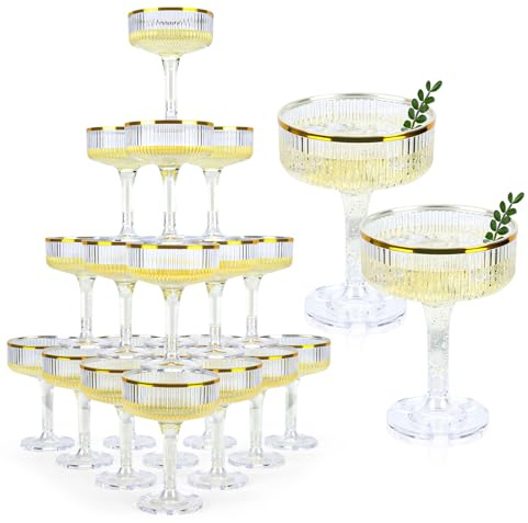 30 Pack Clear Champagne Tower Glasses 7OZ Plastic Martini Glasses Champagne Coupe Glass Cocktail Glass with Gold Rim Champagne Flutes Stackable Stemmed Coupe Glass for Weddings Birthday Party