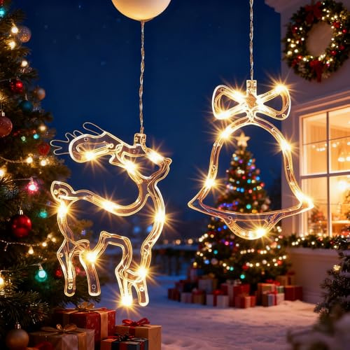 YYAQZD Glocken und Rentiere Weihnachtsbeleuchtung,2er LED Weihnachtsdeko Fenster Lichter, Beleuchtet mit Batteriebetriebene, Timer, Lichterkette für Weihnachten Deko, Balkon, Party, Hochzeit