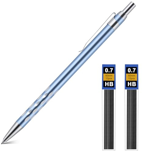 AOOSU Mekanisk blyertspenna, 0,7 mm metallpennor, metallblyertspennor med 2 rör HB blyertspennor, blyertspenna för studenter, skriva, rita