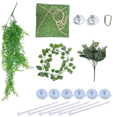 LANCARE 4-en-1 Plantes Suspendues et Hamac pour Reptiles – Ensemble de Décoration de Terrarium pour Reptiles avec Lianes Flexibles & Ventouses – Idéal pour Lézard, Caméléon, Gecko, Tortue (Vert)