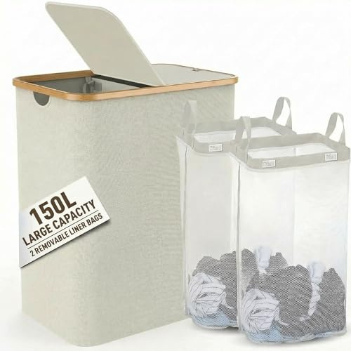 150 l tvättkorg med 2 fack, tvättkorg med bambuhandtag och lock, tvättkorgar för tvättstuga, sovrum, vardagsrum, krämvit-naturbeige