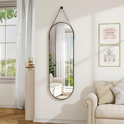 Koonmi Ovaler hängender Spiegel 40x120cm, hängende Spiegel für Wand mit Lederband, High-Definition Aluminium Legierung Rahmen für Badezimmer Schlafzimmer Eingang Dekor, Schwarz