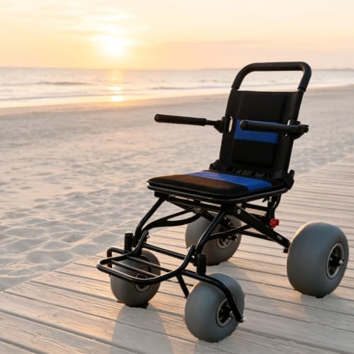 PweKzxt Light Beach Wheelchair, All-Terrain Beach Wheelchair,Sand Manual Folding Wheel Chair for Beach, Compact Chair with Balloon Wheels, for Beach,Grass,Gravel