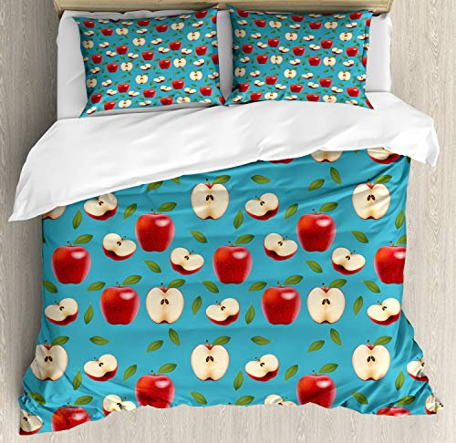 ABAKUHAUS Mela Set Copripiumino, Red Delicious Healty Alimentari, Decorativo 3 Pezzi con 2 Fodere Cuscini, 230 x 220 cm - 70 x 50 cm, Crema Blu Rubino