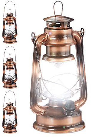Relaxdays 4X Lampe-tempête LED, Lanterne Retro comme décoration de fenêtre ou de Jardin, à Piles, cuivre