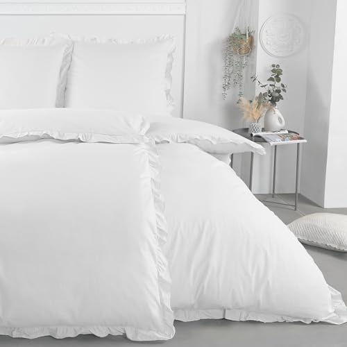 optidream Rüschen Bettwäsche Set, 2-TLG., 135x200, Weiss | 100% Baumwolle, Öko_Tex Zertifiziert, Reißverschluss, Rüschen