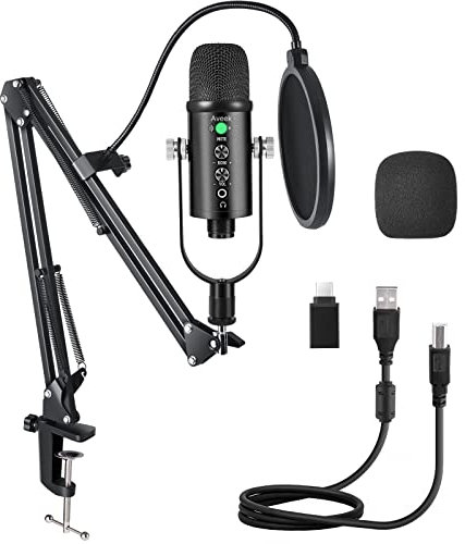 Aveek USB Kondensatormikrofon mit Arm,Streaming Mikrofon mit Popfilter,Gaming Mikrofon mit Kopfhörer-Überwachung für Podcast,Aufnahme,Studio,YouTube