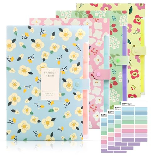 KONVINIT 4 Pack Cartelle Espandibili,Cartella Portadocumenti Espandibile con 5 Tasche Multicolore Fiorito per Casa Scuola e Viaggio di Lavoro