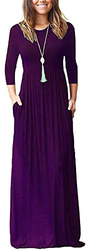 WNEEDU Maxikleid Damen Frühling Sommer Langarm 3/4 Ärmel A Linie Kleid Lang Elegant mit Taschen Curvy Lässige Herbstkleid Winterkleid Lila M