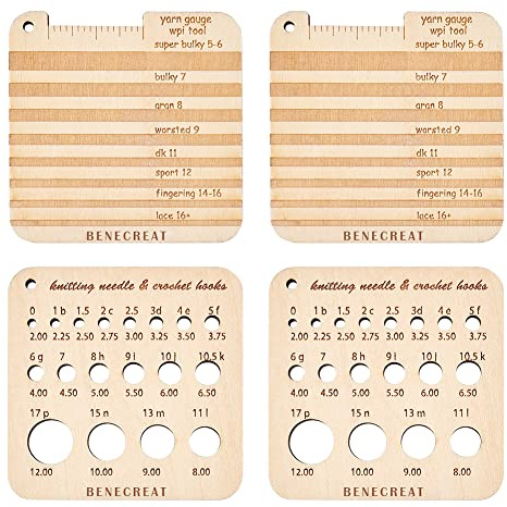 BENECREAT 4pc Wood Knitting Gauge Rulers, 2 Style Square Knitting Tool Crochet Hook and Needle Gauge, 6.35x6.35x0.5cm