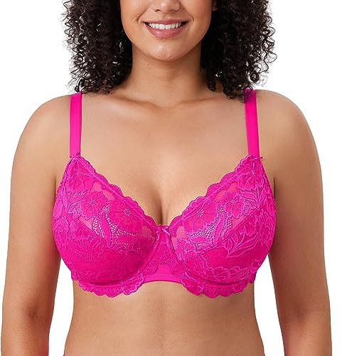 DELIMIRA Donna Reggiseno con Ferretto Taglie Forti Pizzo Senza Imbottito Sostegno Rosa Glitterato 4J