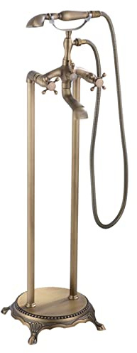 SWHC Freistehende Armatur Badewanne, Antiquität Standarmatur Freistehende mit Handbrause 360°Drehen Auslauf Gold Wannenbatterie Bodenmontage Messing Badewannenarmatur Freistehend