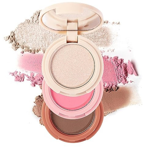Erinde Mini Highlighter, Bronzer & Blush Powder Palette, Matte Shimmer Powder Makeup, Tiny Face Palette with Mirror All in One, Blendable, Travel Friendly, Cruelty Free, 3 Colours