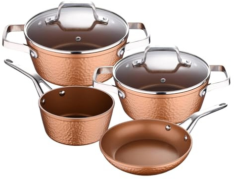 Colección Origen: set de 1 Cazo 16 cm, y 2 Cacerolas con tapa de vidrio, 20 y 24 cm, y 1 Sartén 16 cm, aluminio forjado, aptas para inducción