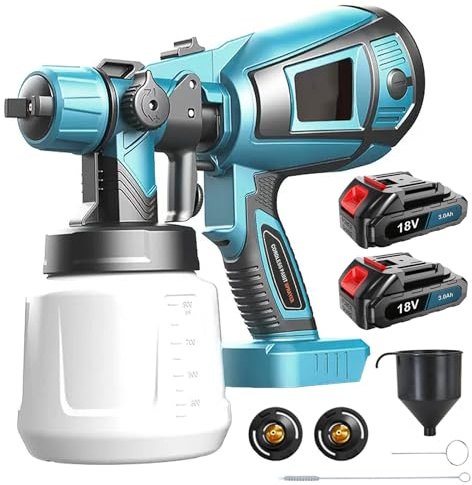 Akku Farbsprühsystem, 21V Akku farbspritzpistole, mit 2 Akku 3000mAh Farbpistole, Mit 4 Düsen und 3 Sprühbildern, 1000ML Farbsprühgerät, Anwendbar auf Farbsprühsystem wandfarbe, Möbel