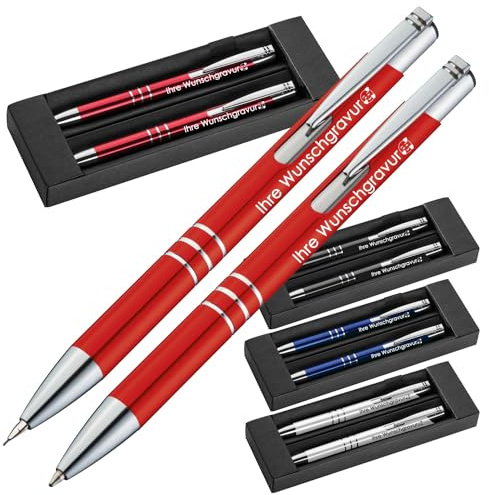 Juwelier Schönschmied Schreibset Mit Kugelschreiber & Druckbleistift Aus Metall Mit Gravur | Blau Schreibend | Personalisierte Kullis | Graviert Mit Name (1) Rot