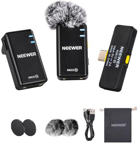 Neewer KM15 KM15 - Set di microfoni wireless, microfono lav per iPhone 16 15 Pro Max iPad Android, sistema di microfono lavalier con cancellazione del rumore, registrazione video live streaming