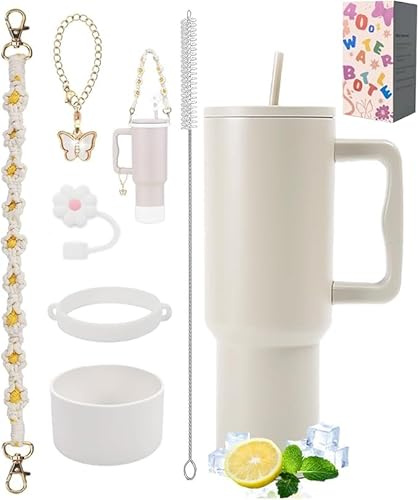 Sanilinwild 40 oz Tumbler Travel Mug Coffee Cup with Handle and Straw/Stainless Steel Double Wall Vacuum Insulated for Cold Hot Coffee -Easy to Carry-Holiday Gifts for Women Men 6PCS (Cream)