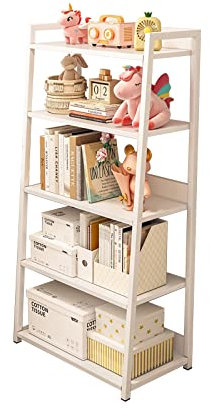 Libreria a 5 ripiani in legno a forma di scala, colore bianco, con design a scaletta, 50 x 30 x 120 cm