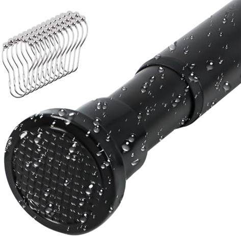 Scettar Tringle à Rideau de Douche Télescopique Sans Perçage 80-165cm, Barre de Rideau pour Fenêtre, Salle de Bain, Penderie, avec 12 Pcs Anneaux Rideaux Douche