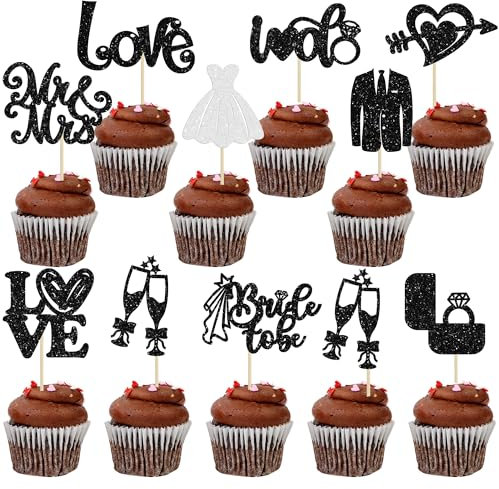 Ephlyn 30Pcs Bride to be Cupcake Toppers Glitter Wedding Cake Topper Decorations I Do Love Heart Ring Cupcake Picks for Bridal Shower Wedding Engagement Party Supplies Black